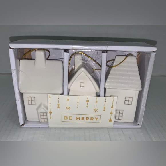 Be Merry Set of 3 Ceramic Ornament Houses - Picture 1 of 4